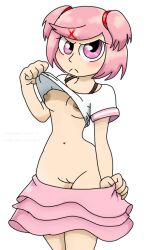 >:( 1girls :< breasts doki_doki_literature_club female lifting_shirt looking_at_viewer natsuki_(doki_doki_literature_club) nipples no_bra no_panties pink_eyes pink_hair pink_skirt pussy pussy_slit reallydontcare34 shirt shirt_lift shirt_lifted_by_self skirt solo standing undressing white_background white_shirt