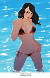 1girls 2016 big_breasts bikini bikini_bottom bikini_top black_hair bra breasts busty cleavage female female_only from_above front_view green_eyes grimm_fairy_tales_(comic) joe_pekar large_breasts lipstick official_art panties partially_submerged pinup queen_of_spades queen_of_spades_(zenescope) red_bikini red_bikini_bottom red_bikini_top red_panties red_thong short_hair solo spade standing_in_water water zenescope zenescope_entertainment