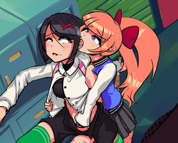 2girls arc_system_works areolae backpack bag black_hair blue_eyes boxman bra breasts clothing duo ear_licking exposed_breasts female female_only hair human jacket kunio-kun kyoko_(kunio-kun) legwear letterman_jacket misako_(kunio-kun) multiple_girls nipples orange_hair outerwear river_city_girls school_uniform uniform varsity_jacket video_games wayforward yuri