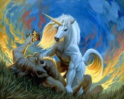 anthro crown duo equid erection felid hibbary horn lion male male/male mammal mane pantherine penis unicorn wrestling