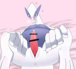 1boy 2018 amedama12321 animal_genitalia anus avian belly blush bodily_fluids breath censor_bar censored chubby cum cum_on_penis erection eye_contact feral genital_fluids genital_slit heart heavy_breathing legendary_pokémon long_neck looking_at_viewer lugia male nintendo nude on_back penis pink_background pokemon pokemon_(species) pokemon_gsc precum presenting simple_background slit solo spread_legs spreading tapering_penis thick_thighs video_games wide_hips wings