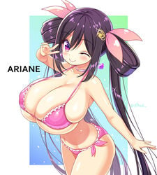 1girls ariane_cevaille artist_name bare_arms bare_back bare_legs bare_midriff bare_shoulders big_breasts bikini blush breasts cleavage collar collarbone earrings eyebrows_visible_through_hair eyelashes female female_only fingernails huge_breasts looking_at_viewer navel one_eye_closed original original_character purple_hair shuz_(dodidu) side-tie_panties small_waist smile solo thin_waist tight_fit twintails two_tone_eyes v_sign very_long_hair white_background wide_hips