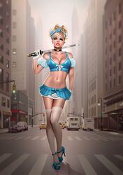 1girls big_breasts blonde_hair blue_bra blue_eyes blue_gloves blue_heels blue_skirt bra breasts building busty car cinderella cinderella_(fairy_tales) cinderella_(zenescope) city cityscape comic_cover crosswalk eyeshadow female female_only gloves grimm_fairy_tales_(comic) hair_bun hairband hairbow hairbun half-closed_eyes heels high_heels holding_sword holding_weapon keith_garv keith_garvey large_breasts lipstick makeup mascara miniskirt official_art pinup red_lips red_lipstick skirt skyscraper solo standing stockings streetlight sword taxi text thighhighs weapon white_stockings white_thighhighs zenescope zenescope_entertainment