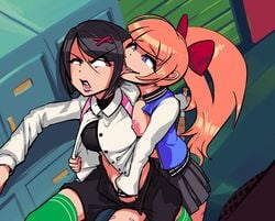 2girls annoyed arc_system_works areolae backpack bag black_hair blue_eyes boxman bra breasts clothing duo ear_licking exposed_breasts female female_only hair human jacket kunio-kun kyoko_(kunio-kun) letterman_jacket misako_(kunio-kun) multiple_girls nipples orange_hair outerwear river_city_girls school_uniform uniform varsity_jacket video_games wayforward yuri