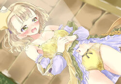 atelier_(series) atelier_escha_&_logy blush bra clothes_down clothes_lift clothing commentary_request detached_sleeves dress dress_lift dutch_angle embarrassed female frills hands_together indoors lace-trimmed_panties lace_trim lucille_ernella miyama_leaves navel open_clothes open_dress open_mouth panties pussy_juice pussy_juice_drip_through_clothes pussy_juice_stain short_hair solo tareme tears underwear wavy_hair yellow_bra yellow_panties