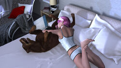 3d 3d_(artwork) bed bestiality canid canid_on_humanoid canine canine_on_human canine_penis clothed_female clothed_sex comic dog domestic_dog extremexworld fellatio female_human female_human/male_feral female_on_feral femdom feral hetero human knot male/female male_canine malesub penis pink_hair teen zoophilia