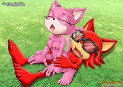 1boy 1girls anthro areolae balls barefoot black-framed_glasses black_nose breasts camellia_the_cat canine cleavage closed_eyes collarbone custom_character_(sonic_forces) custom_hero cute_fang duo eyewear feet feline female female_on_top fuchsia_the_cat full_body furry furry_only gadget_the_wolf glasses grass highres interspecies large_breasts male mammal medium_breasts navel nipples nude open_mouth outdoors palcomix penis pink_fur pleasure_face pussy red_fur reverse_cowgirl_position sex sonic_(series) sonic_forces squatting straight tail toes vaginal_penetration