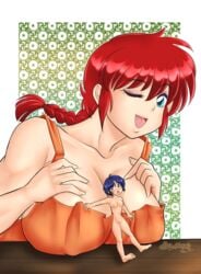 akane_tendo breast_hold canon_genderswap clothing dominant_female giantess large_breasts large_dom_small_sub larger_female nude_female ranma-chan ranma_1/2 ranma_saotome resting_breasts smaller_female