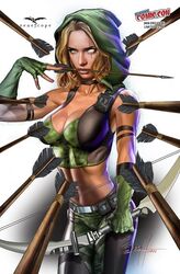 1girls 2016 arrow arrows artist_name big_breasts blonde_hair bow breasts busty camouflage female female_only fingerless_gloves gloves glowing_eye green_eyes green_gloves green_hood greg_horn grimm_fairy_tales_(comic) holding_bow holding_weapon hood large_breasts nail_polish pants pink_lips pinup realistic red_nail_polish red_nails robyn_hood robyn_locksley scar shirt short_shirt signature solo weapon yellow_eye zenescope zenescope_entertainment