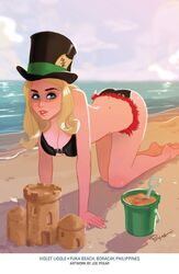 1girls 2016 alice_in_wonderland alice_in_wonderland_(zenescope) all_fours beach big_breasts black_bra black_hat black_panties black_thong blonde_hair blue_eyes bra breasts busty cleavage eye_contact eyeshadow female female_only fur_trim grimm_fairy_tales_(comic) grimm_fairy_tales_zenescope hat joe_pekar kneeling large_breasts looking_at_viewer mad_hatter_(zenescope) makeup mascara pail panties pink_lips pinup sand sandcastle shovel solo swimsuit thighs thong top_hat violet_liddle water zenescope zenescope_entertainment