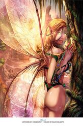 1girls 2016 4_wings artist_name ass back_view belle_(zenescope) breasts brown_hair character_name chris_ehnot cliff dat_ass david_delanty elf fairy fairy_wings female female_ass female_only from_behind glowing_eyes glowing_wings green_swimsuit grimm_fairy_tales_(comic) hair_ornament lipstick multi_wing nail_polish no_pupils official_art ring rings round_ass ship smile smiling solo standing swimsuit thick_ass thighs tiara water wings yellow_eyes yellow_sclera zenescope zenescope_entertainment