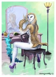 1girls anthro anthrofied ass avian barn_owl bird breasts circumjacentity clothing feathers female female_only flat_background footwear high_heels inside looking_at_viewer looking_back masked_owl mirror owl pose shaded shoes sitting solo tytonid