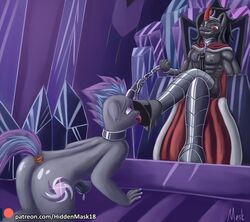 anthro armor bodily_fluids cape chains clothing equid friendship_is_magic hiddenmask18 horn king_sombra_(mlp) male male/male mammal my_little_pony penis tongue tongue_out unicorn