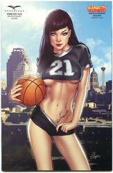 1girls 2016 ball bangs basketball big_breasts black_hair black_panties blue_eyes breasts busty calie_liddle comic_cover elias_chatzoudis eye_contact eyeshadow female female_only grimm_fairy_tales_(comic) holding_ball jersey large_breasts lipstick looking_at_viewer makeup mascara official_art panties pinup pubic_tattoo red_lips red_lipstick san_antonio solo sports sports_jersey standing text thighs zenescope zenescope_entertainment