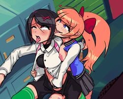 2girls arc_system_works areolae backpack bag black_hair blue_eyes blush boxman bra breasts clothing duo ear_licking exposed_breasts female female_only hair human jacket kunio-kun kyoko_(kunio-kun) letterman_jacket looking_pleasured misako_(kunio-kun) multiple_girls nipples orange_hair outerwear river_city_girls school_uniform tongue tongue_out uniform varsity_jacket video_games wayforward yuri