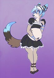 anthro belly big_belly canid canine canis clothing collie domestic_dog herding_dog hi_res maid_uniform male_pregnancy mammal navel papayamist pastoral_dog pregnant sheepdog simple_background solo standing uniform