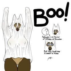 anon big_breasts black_nose blue_eyes bodily_fluids bottomless breasts brown_body brown_fur canid canine canis clothed clothing crying domestic_dog female fur halloween hi_res holidays ineffective_clothing mammal nipple_outline open_mouth pussy solo_focus somewhatsketchy tears text thigh_gap wide_hips