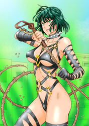 1girls alternate_costume black_hair cosplay dominatrix fubuki_(one-punch_man) glowing glowing_eyes heart impossible_clothes kaijin_hime_do-s_(cosplay) leotard one-punch_man open_eyes panties psychic revealing_clothes short_hair smile solo spiked_collar spikes underwear whip