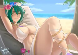 1girls alternate_costume armpits arms_behind_head bare_legs beach bikini breasts ciderwrath cleavage female female_only fire_emblem fire_emblem_heroes flower green_hair grin hair_flower large_breasts legs light-skinned_female light_skin looking_at_viewer nintendo oceanic_dolphin official_alternate_costume outdoors sandals short_hair sitting smile solo swimsuit thorr_(fire_emblem) thorr_(summer)_(fire_emblem) white_bikini white_swimsuit yellow_eyes