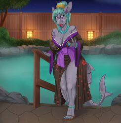 1girls 2019 anthro big_breasts breasts catchabird detailed_background ear_piercing eyewear female female_only fin fish glasses green_hair hair hair_comb hair_stick hand_on_breast hi_res hot_spring kimono long_sleeves marine mature_female night nipples open_mouth outside piercing pink_eyes post_transformation pussy railing sandals shark solo stripes thick_thighs tree water wide_hips