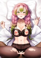 1boy 1girls abs big_breasts bra braided_hair breasts cleavage clothing dark-skinned_male demon_slayer female greem_bang green_bang green_hair haori heart-shaped_pupils kanroji_mitsuri kimetsu_no_yaiba lingerie long_hair male nipples on_back open_mouth open_shirt panties pantyhose penetration penis pink_hair pov pussy see_through sex spread_legs torn_clothes uncensored vaginal_penetration