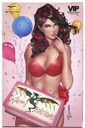 1girls balloon big_breasts birthday birthday_cake black_hair blue_eyes bra breasts busty cake candles comic_cover eyeshadow female female_only finger_sucking finger_to_mouth grimm_fairy_tales_(comic) happy_birthday highlights icing keres_(zenescope) large_breasts lipstick long_hair makeup mascara mike_debalfo nipples nipples_visible_through_clothing official_art pink_lips pink_lipstick pinup red_bra red_highlights see-through see-through_bra solo text ula_mos writing zenescope zenescope_entertainment