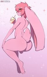 2019 amber_eyes anthro ass atticus_mura backsack balls beverage blush cup feet fur girly grin hair hi_res lagomorph leporid long_ears looking_at_viewer looking_back male mammal nude pink_body pink_fur pink_hair pinup pose rabbit rear_view redwolfxiii sitting smile solo teeth wide_hips