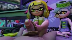 1boy 2girls 3d agent_4_(splatoon) animated anthro bare_legs barefoot cephalopod cephalopod_humanoid clothed_female clothed_female_nude_male feet female footjob humanoid inkling inkling_girl justhopelessbaka male marie_(splatoon) mask_(marking) nintendo penis pointy_ears sitting soles sound splatoon splatoon_2 squid straight tentacle tentacle_hair toes video voyeur