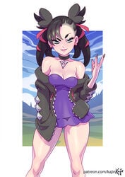 1girls alternate_breast_size alternate_outfit ass bare_shoulders big_ass black_hair black_nails blue_eyes breasts choker cleavage clothed clothes clouds coat cosplay day deviantart dress earrings eye_contact eyelashes female female_only hair_ornament hair_over_one_eye half-closed_eyes human kajinman looking_at_viewer marnie_(pokemon) morpeko morpeko_(cosplay) nail_polish nintendo outdoors patreon pink_dress pokemon pokemon_(cosplay) pokemon_ss pose ribbons sky solo standing text thick_thighs thigh_gap twintails url watermark white_border wide_hips