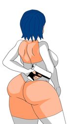 back big_ass big_breasts blue_hair handgun katherine_(opalogem) legwear lingerie looking_back no_face opalogem_(artist) round_ass