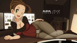 1girls 3d_background alexa_(pokemon) breasts brown_hair cleavage clothed computer earrings eye_contact female female_only game_freak green_eyes human human_only looking_at_viewer monitor nintendo on_side on_table pokemon pokemon_xy pose short_hair smile solo table text thick_thighs vivivoovoo watermark wide_hips