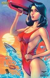 1girls 2017 baywatch_(cosplay) baywatch_(franchise) big_breasts black_hair boat breasts busty cleavage cloud clouds comic_cover crossover erect_nipples erect_nipples_under_clothes female female_only flotation_device green_eyes grimm_fairy_tales_(comic) hedwin_zaldivar large_breasts liesel_van_helsing lipstick long_hair mike_debalfo motorboat nipple_bulge nipples official_art one-piece_swimsuit paddleboard partially_submerged pink_lips pink_lipstick pinup red_one-piece_swimsuit red_swimsuit solo standing sun sunset surfboard swimsuit text thighs water zenescope zenescope_entertainment