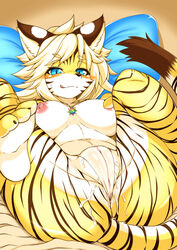 1girls 2018 anthro blonde_hair blush bodily_fluids breasts cum felid female female_only full_bokko_heroes_x genital_fluids hair hi_res mammal megane_inu pantherine pussy solo striped_body stripes tiger zhang_fei_(full_bokko_heroes_x) zhang_fei_(fullbokko_heroes)