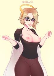 1girls areolae big_breasts blonde_hair blue_eyes blush breasts breasts_out cleavage clothed clothing doctor eyelashes female female_focus female_only glasses headwear large_breasts light_skin looking_at_viewer mercy nipples no_bra nurse overwatch pants perky_breasts pose posing shellvi short_hair simple_background smile solo solo_female solo_focus standing tight_pants uniform white_background