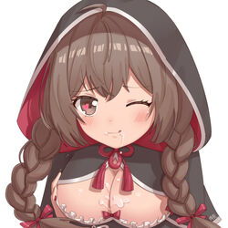 1girls after_paizuri black_hoodie blush braid breasts brown_eyes brown_hair cleavage cum cum_on_body cum_on_breasts cum_on_upper_body cute female female_only heart heart-shaped_pupils hood hooded_jacket jacket kantai_collection large_breasts looking_at_viewer maru_(kantai_collection) moon_ash one_eye_closed paizuri portrait shinshuu_maru_(kantai_collection) simple_background solo symbol-shaped_pupils tongue twin_braids white_background wink