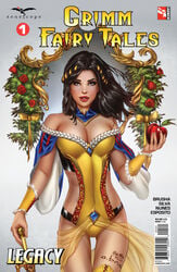 1girls apple barcode big_breasts black_hair blue_eyes breasts busty cleavage collar comic_cover cuffs dress eric_basaldua eye_contact female female_only grimm_fairy_tales_(comic) hair_ornament holding_sword large_breasts long_hair looking_at_viewer mirror official_art pinup red_lips red_lipstick sash signature skye_mathers skylar_"skye"_mathers solo standing sword text thighhighs ula_mos yellow_dress yellow_sash yellow_thighhighs zenescope zenescope_entertainment