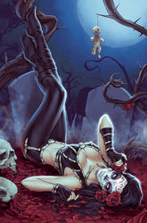 1girls black_gloves black_hair black_heels black_pants black_shirt blue_eyes bracelet cemetery comic_cover dia_de_los_muertos elias_chatzoudis eye_contact facepaint female female_only fingerless_gloves flower gloves grave grimm_fairy_tales_(comic) headstone heels legs_up long_hair looking_at_viewer lying lying_down lying_on_back makeup mary_medina moon mystere_(zenescope) official_art pants pinup red_fingernail_polish red_rose rose shirt skull smile smiling solo text tombstone tree uncensored voodoo_doll zenescope