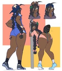 1boy animal_ears anthro anus ass bandaid bent_over big_balls braided_twintails brown_hair dark-skinned_femboy dark-skinned_male dark_skin femboy girly green_eyes hat large_ass male male_only mitarashi shorts smartphone solo tail tanooki thick_thighs