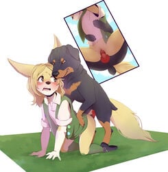 alexz_(artist) blonde_hair blush brown_eyes canine clothed_sex clothing female female_on_feral fennec feral from_behind furry girl_scout interspecies knot male open_mouth penetration penis pussy rape shirt short_hair spread_legs tears vaginal_penetration zoophilia