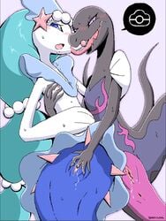 2girls aliasing anthro anus asterozoan blue_eyes blue_hair blush bodily_fluids drooling duo echinoderm eye_contact female fingering flat_chest furry genital_fluids hair half-closed_eyes licking long_hair long_tongue looking_at_viewer marine narrowed_eyes nintendo nipples open_mouth pokémon_(species) pokemon pokemon_(species) pokemon_sm primarina pussy pussy_juice salazzle saliva scalie seductive starfish starfish_(accessory) sweat text thick_thighs tongue tongue_out vaginal_penetration video_games watermark wet wide_hips yamatokuroko965 yuri