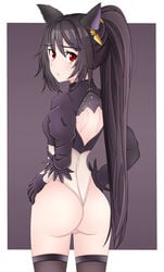 1girls alternate_costume animal_ears ass black_hair black_legwear cosplay gloves granblue_fantasy hair_ornament impossible_clothes legwear leotard long_hair looking_at_viewer looking_back mahdi nier:_automata nier_(granblue_fantasy) nier_(series) open_eyes red_eyes revealing_clothes solo thighhighs thighs underwear very_long_hair yorha_2b yorha_2b_(cosplay)