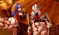 2boys 2girls alternate_ass_size ass ass_grab big_ass blue_hair blush bottomless closed_eyes dark-skinned_male doggy_style fire_emblem fire_emblem:_path_of_radiance fire_emblem:_radiant_dawn headband long_hair looking_back mia_(fire_emblem) micaiah_(fire_emblem) missionary_position nintendo on_table open_mouth partil sex straight thigh_grab thighhighs vaginal_penetration white_hair