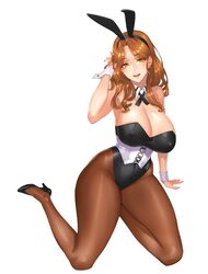 animal_ears breasts brown_eyes brown_hair bunny_ears bunny_girl bunnysuit cleavage curvaceous damegane erect_nipples erect_nipples_under_clothes fake_animal_ears female high_heels high_resolution large_breasts mylene_(damegane) nipples no_bra original pantyhose shoes smile solo thick_thighs thighs white_background wide_hips