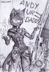 abs anthro azural_cobaltros catnip chastity_cage chastity_device cybernetics cyborg delta-ht domestic_cat eyewear felid feline felis goggles gun hi_res knife machine male mammal piercing ranged_weapon six_pack solo weapon