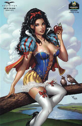 1girls big_breasts black_hair blue_corset blue_eyes bow breasts busty cleavage comic_cover corset eyeshadow female female_only grimm_fairy_tales_(comic) grimm_fairy_tales_zenescope hairbow heels high_heels large_breasts lipstick long_hair makeup mascara michael_dooney miniskirt official_art pinup red_bow red_lips red_lipstick scan skirt skye_mathers skylar_"skye"_mathers smile smiling snow_white_(cosplay) solo stockings thighhighs tree ula_mos white_stockings white_thighhighs yellow_skirt zenescope zenescope_entertainment