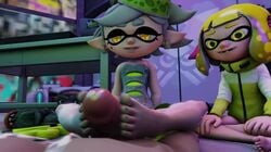 1boy 2girls 3d agent_4_(splatoon) animated anthro barefoot cephalopod cephalopod_humanoid clothed_female clothed_female_nude_male feet female footjob green_toenails humanoid inkling inkling_girl justhopelessbaka male marie_(splatoon) mask_(marking) nintendo penis pointy_ears sitting sound splatoon splatoon_2 squid tentacle tentacle_hair toenail_polish toes video voyeur yellow_eyes