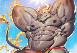 2019 anthro big_muscles black_nipples bovid bovine cattle clothing dsharp_k eyebrows fur grey_body grey_fur gyumao hair horn huge_muscles low-angle_view male male_only mammal muscular muscular_male nipples penis penis_base red_eyes red_hair solo swimwear thick_eyebrows tokyo_afterschool_summoners video_games