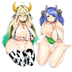 2girls :p absurdres ahoge animal_ears animal_print areolae bangs bikini blonde_hair blue_hair blush breasts cow_ears cow_girl cow_print ear_tag elf elven_forest_maker elven_forest_maker_(cowgirl_bikini) fat gradient_hair green_eyes green_hair hair_between_eyes hair_intakes highres horns huge_breasts lactation last_origin long_hair looking_at_viewer multicolored_hair multiple_girls navel nipples nuranuha open_mouth p-2000_djinnia pointy_ears print_legwear simple_background sitting skindentation swept_bangs swimsuit symbol-shaped_pupils thighhighs tongue tongue_out twintails wariza white_background