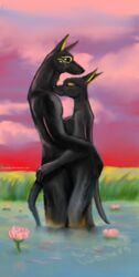 anthro anubian_jackal anubis anubite bath breasts canid canine canis deity duo egyptian egyptian_mythology female flower hug jackal lotus_(flower) lyquisste male mammal middle_eastern_mythology mythology nile nude plant river skinny_dipping straight unknown_artist water