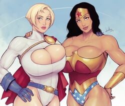 2girls abs breast_press breasts cleavage dc dc_comics devil_hs diana_prince female female_only huge_breasts kara_zor-l karen_starr leotard looking_at_viewer muscles muscular muscular_female naughty_face power_girl seductive seductive_smile smile superman_(series) thick_thighs wide_hips wonder_woman wonder_woman_(series)